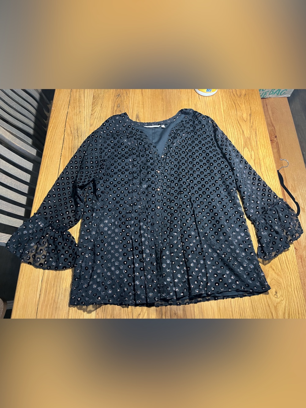 Soft Surroundings “Calm Sleeve” Swiss Dot Velvet Button-Front Blouse – Black – X